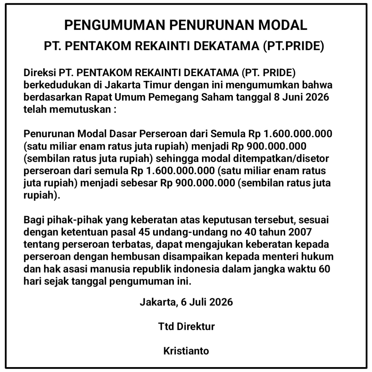 Pengumuman Penurunan Modal